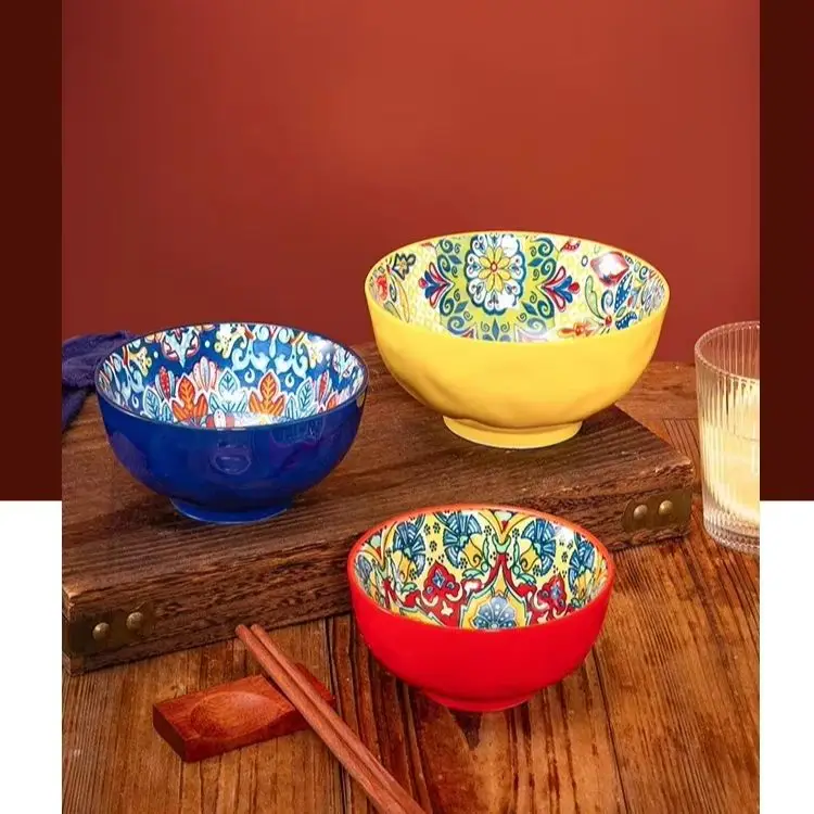 Bohemian Rice Bowl Home Creative Personality Ceramic Bowl High Appearance Level Retro Noodle Bowl Eating Rice Small Bowl