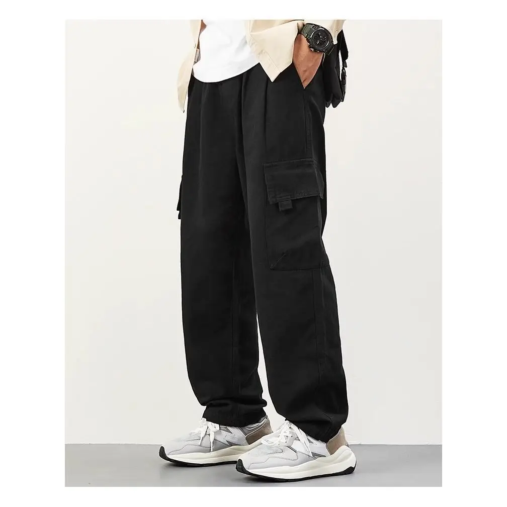 Primavera outono estilo japonês cor sólida multi-bolso calças de trabalho masculino retro solto algodão em linha reta perna larga casual