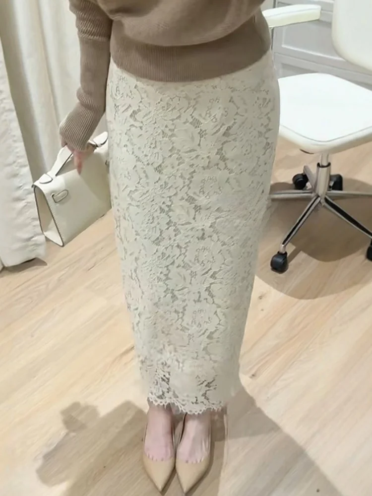 White Lace Half Body Skirt High Waist Straight Cut Women's plus Size Wrap around Long Skirt Pear Shaped Body Berkeley Skirt