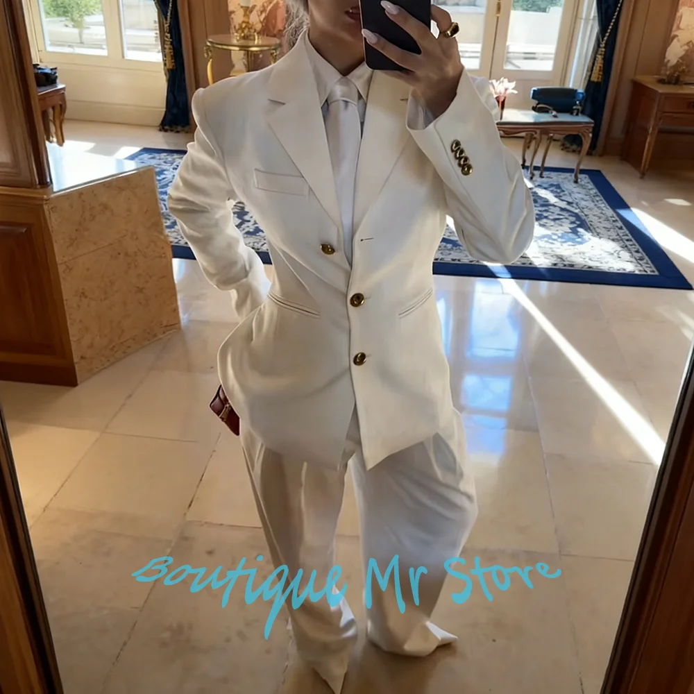 

Elegant White Woman Colthes Single Breasted Notch Lapel Two Piece(Jacket+Pants) Set Formal Wedding Evening Party Guest Outerwear