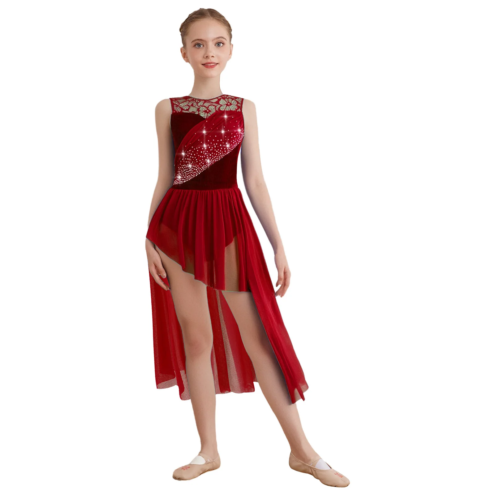 

Kids Girls Rhythmic Rhinestones Ballet Ballroom Dance Performance Leotards Dress Sleeveless Ballet Stage Competition Outfits