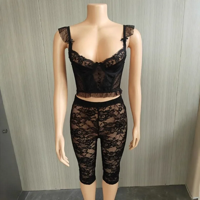 

See Through Lace 2 Piece Set Women Sexy Low Neck Spaghetti Straps Backless Camisole Crop Tops + Knee Length Pants Clubwear Suit