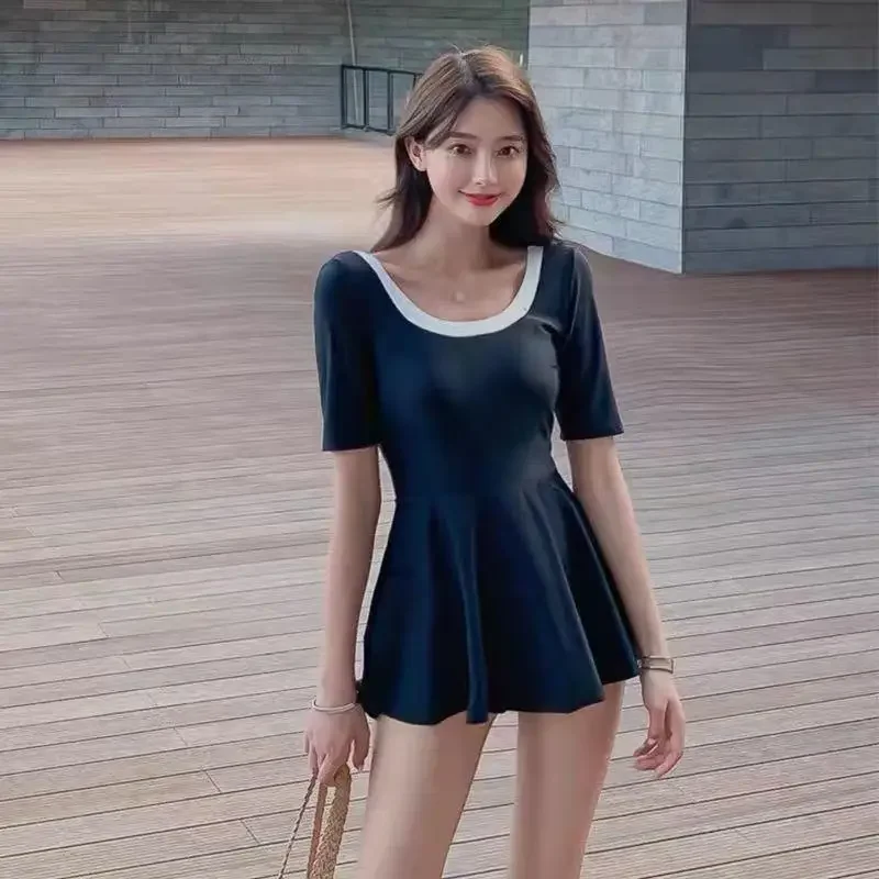 Korea New Sexy Backless Onsen Ruffles Swimsuit Simplicity Solid Color One Piece Suits Vacation Swimwear Conservative Sundress