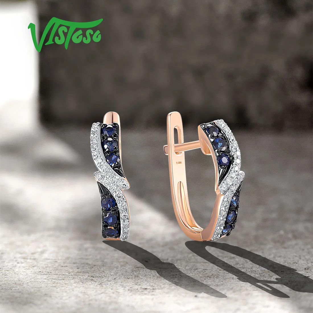 VISTOSO Genuine 14K 585 Rose Gold Latch Back Earrings For Women Blue Sapphire Diamond Classic Wedding Fine Fashion Jewelry