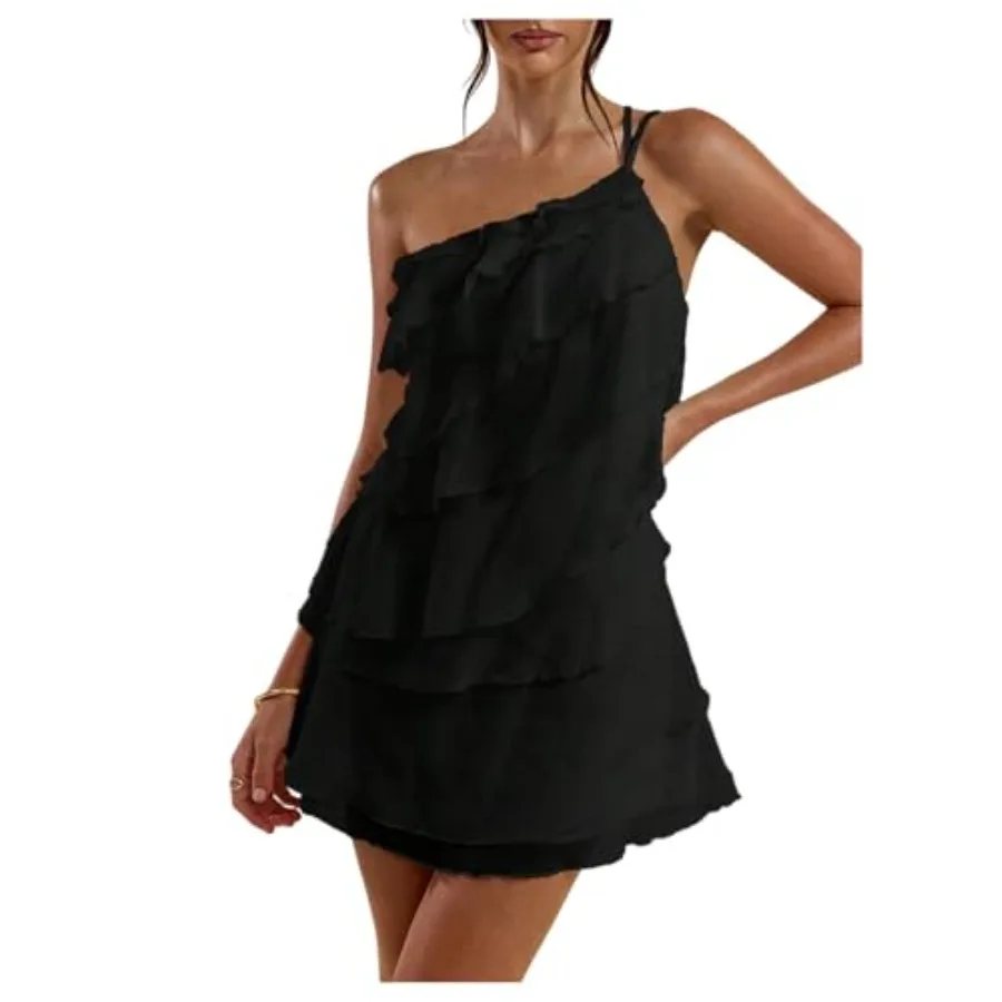 

SOLY HUX Women's Mini Dress One Shoulder Ruffle Mesh Dresses Layered Backless Vacation Party Sundresses