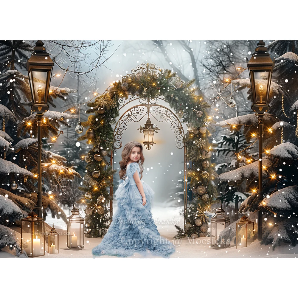 Fondo de Fotografía de Invierno con purpurina, luces de calle, puerta arqueada de Navidad, copos de nieve, telón de fondo para niños, familia, País