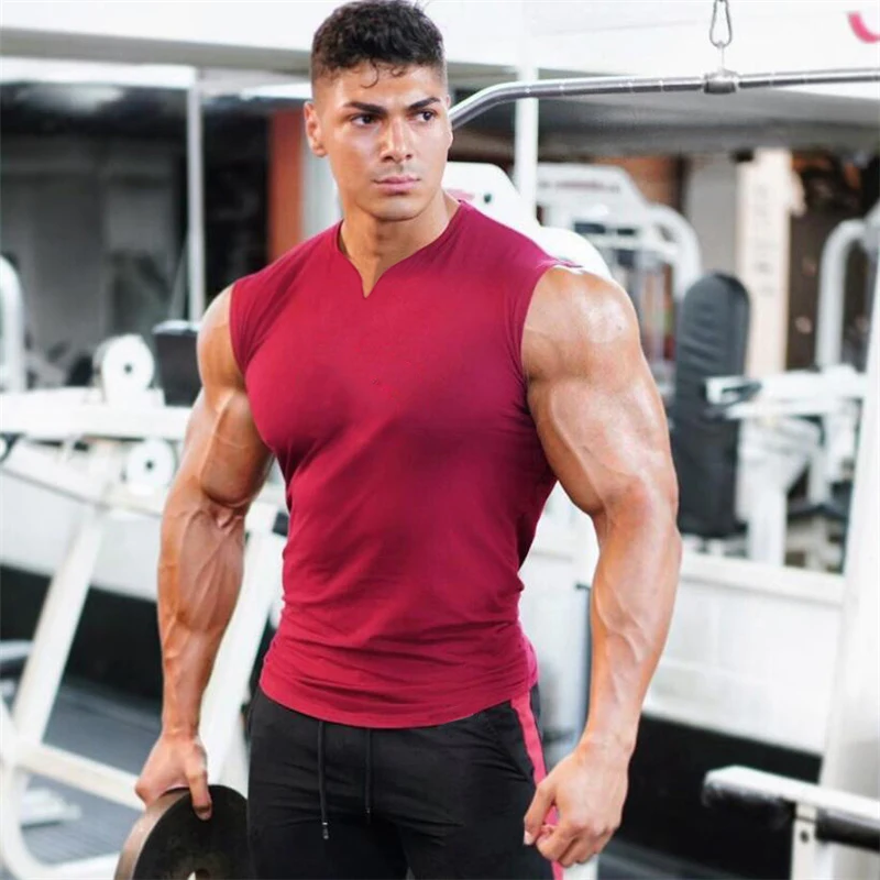 Summer Cotton Breathable V-neck Tank Tops Gym Workout Running Sport Sleeveless Shirt Mens Fitness Bodybuilding Muscle Clothing