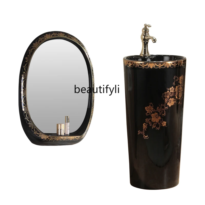 

Nordic Art Golden Pedestal Basin Floor Type Wash Basin Bathroom Black Column Type Washbasin