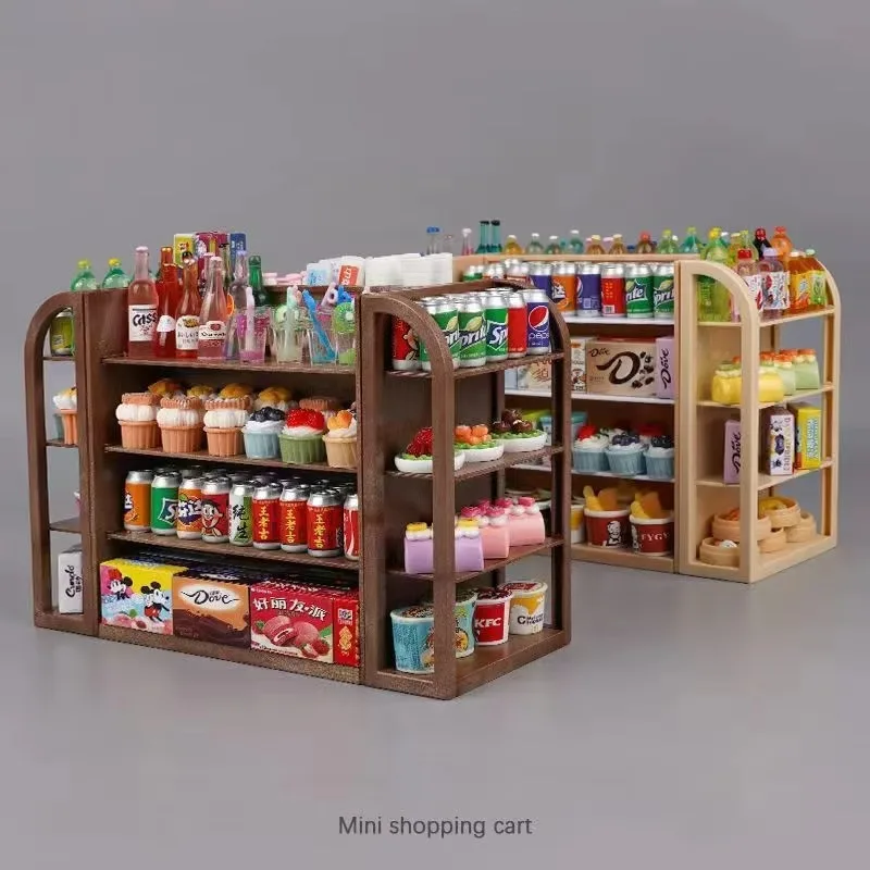 Mini supermercado de simulación, cuatro estantes, decoración para casa de muñecas, aperitivos, bebidas, comida, juego, casa de juegos para niños, modelo de juguete
