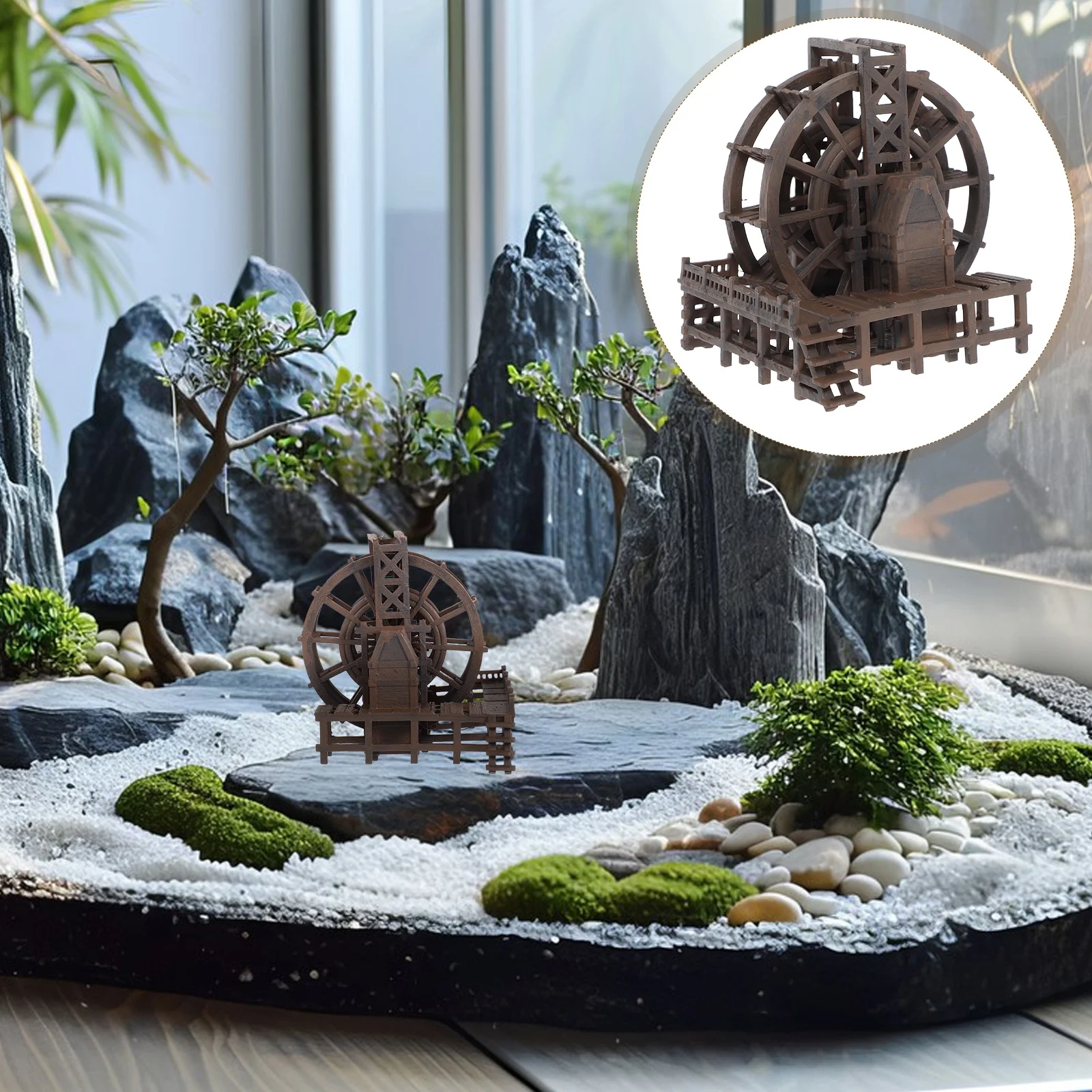

Wind Water Wheel Fountain Ornament Aquarium Landscape Decor Fish Tank Desktop Office Zen Garden Mini Waterfall Feature Micro