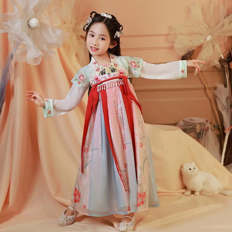 Kids Chiffon Spring Summer Ancient Hanfu Girls Long Sleeve Embroidery Tang Suit Children Chinese Lovely Perform Costumes