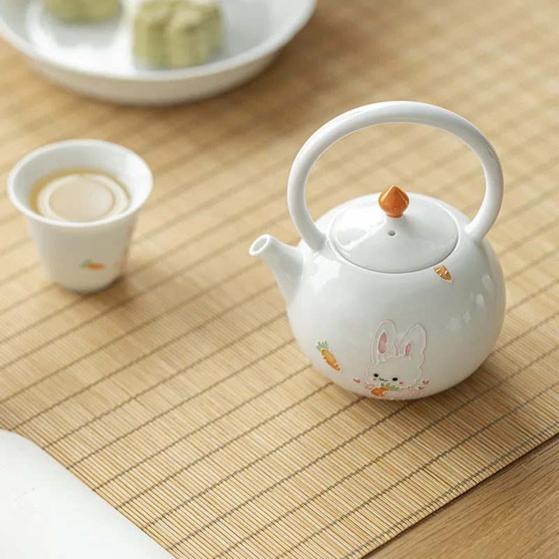 Japanese Hand-painted Moe Rabbit Teapot Lifting Pot Household White Porcelain Bubble Teapot Ball Hole Filter Kung Fu Tea Set