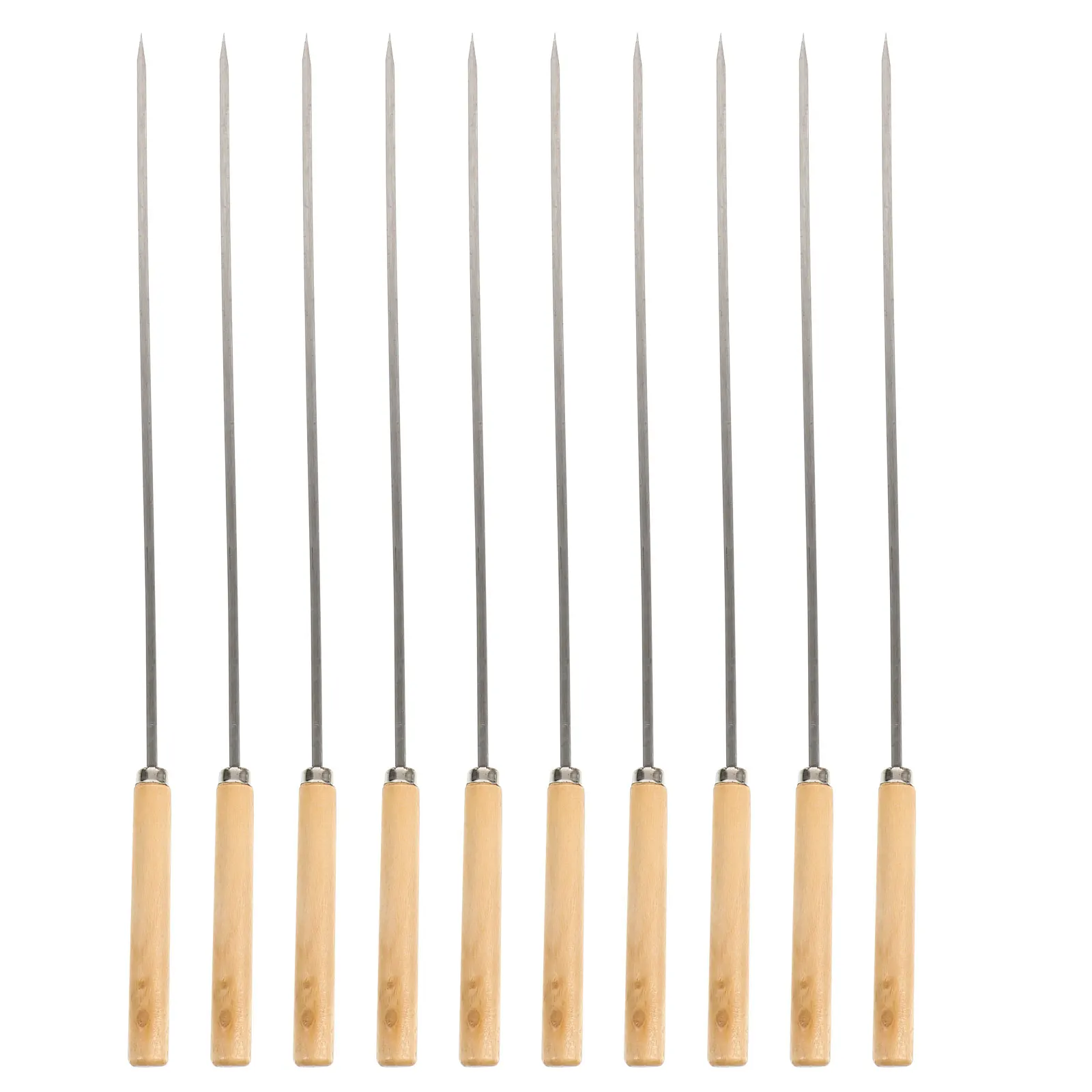 

10pcs Stainless Steel Bbq Skewers Flat Grilling Forks With Wooden Handle For Meat Vegetables Camping Outdoor Party Barbecue Tool