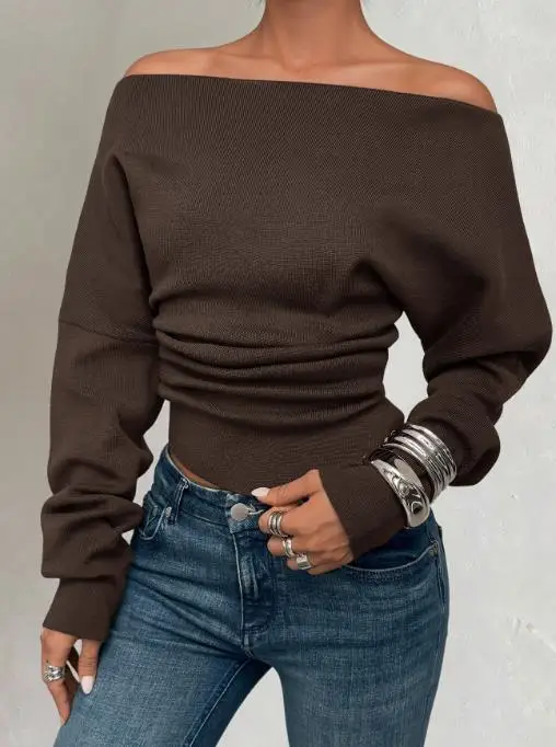 

Autumn Temperament Elegant Slim Fit Design Knitted Sweater Women's Solid Color Slanted Collar Waist Long Sleeved Sweater