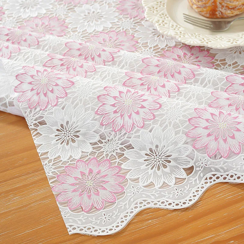 PVC Lace Tablecloth Waterproof Washable and Erasable Table Linen Tea Table Cloth Rectangular Table Cover Whitepink