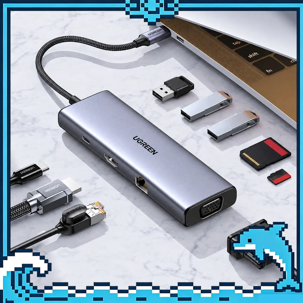 UGREEN 25360 9-in-1 USB-C Hub with 1.5m Cable, 4K 30Hz HDMI, 1080p VGA, Gigabit Ethernet, 3 USB 3.0, SD/TF Reader, 100W PD