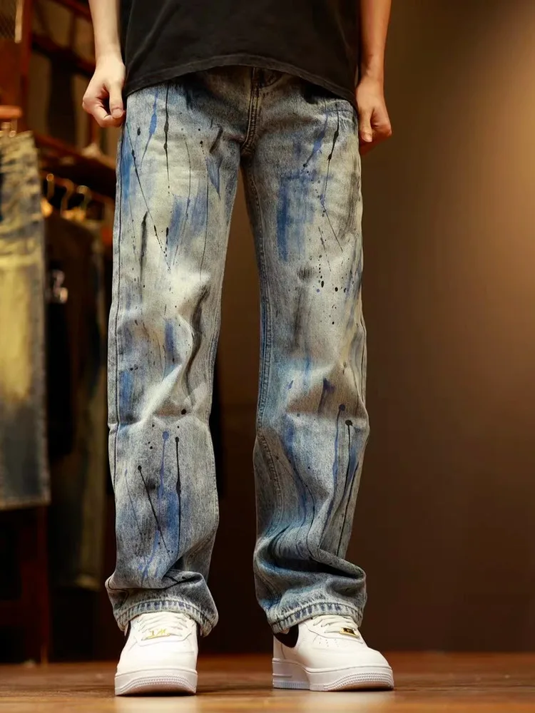 

Мужские джинсы прямого кроя в стиле ретро, синие, с эффектом потертости, осенний дизайн, с принтом в виде брызг чернил, повседневные, модные, городские, удобные брюки