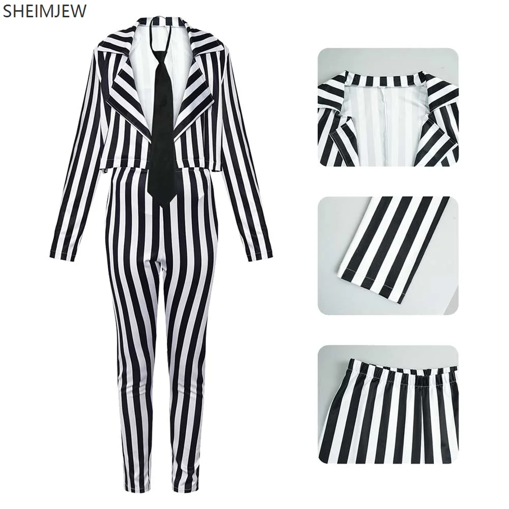 Halloween Horror Underworld Master Cosplay Costume Adult Women Black White Vertical Striped Fantasy Suit Carnival Party Dress Up