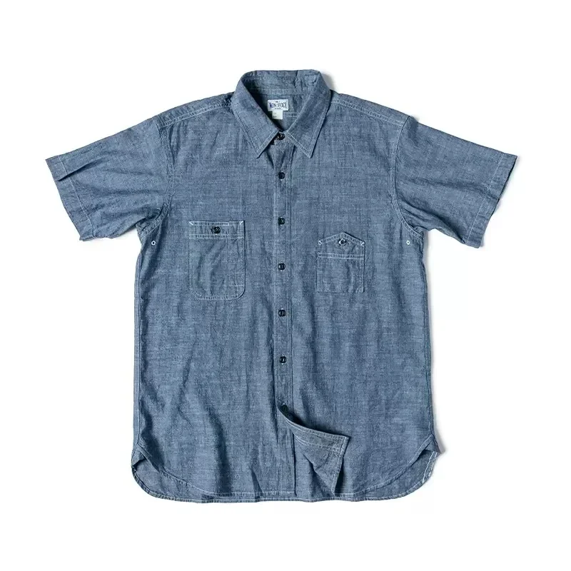 

Non Stock Cigarette Pocket Chambray Shirt WWII Simplified Version Mens Short-Sleeve Work Shirt