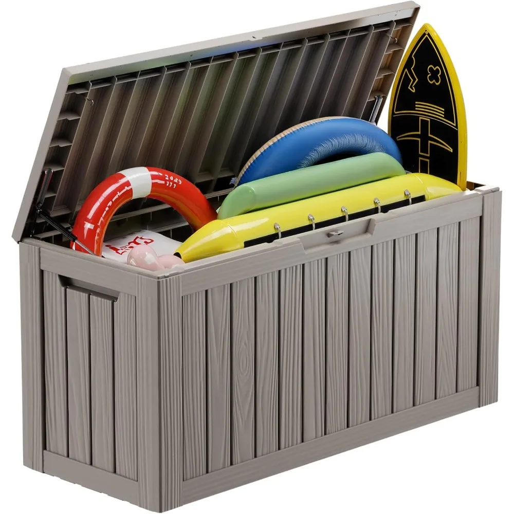 

86 gallon resin deck box, lockable outdoor storage compartment for patio mat storage furniture