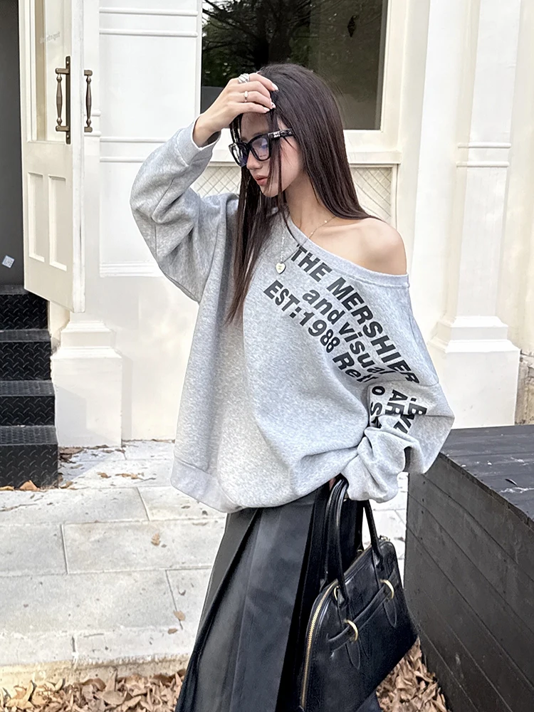 Fashion Loose Casual Sweatshirts Women Long Lantern Sleeve Letter Printed Pullovers Sexy Skew Collar Jumper 2024 Grey Sweatshirt