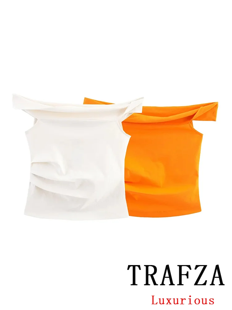 

TRAFZA Hotsweet Sexy Chic Women Solid Tops Asymmetrical Folds Slash Neck Slim Tops New Fashion 2025 Summer Evening Party Tops