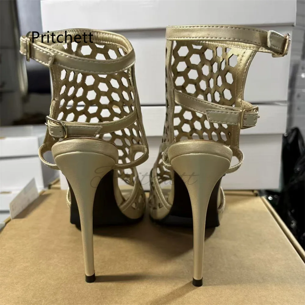 Honeycomb Hollow Out Roman Sandals Women Peep Toe Stiletto High Heels Ankle Strap Solid Leather Party Dress Office Shoes Summer