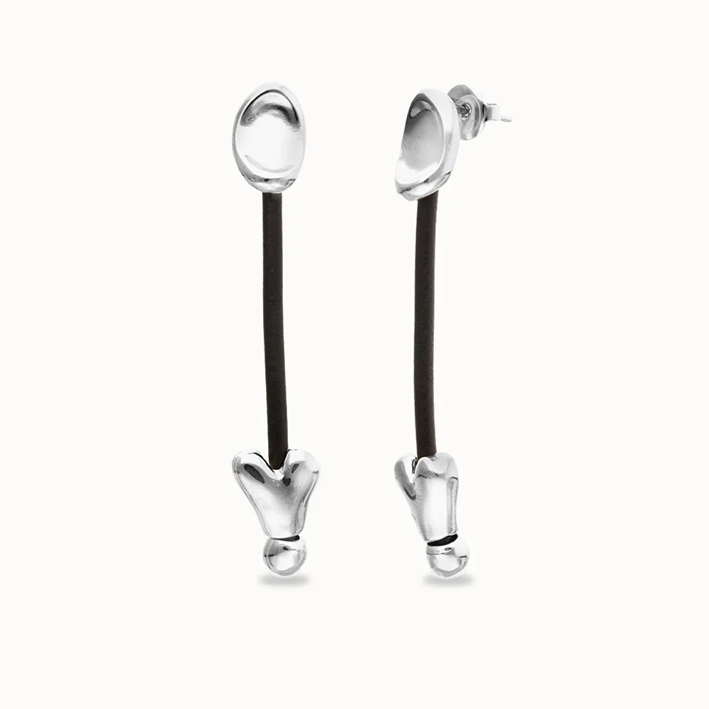 Vintage Brown Rope Silver Heart Long Earrings - Minimalist Geometric Lines with Unique Aura view 2