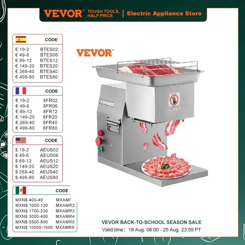 VEVOR 250Kg/H Electric Meat Slicer Stainless Steel 3mm Blades Meat Cutter Grinder Machine Auto Kitchen Home Appliance Commercial