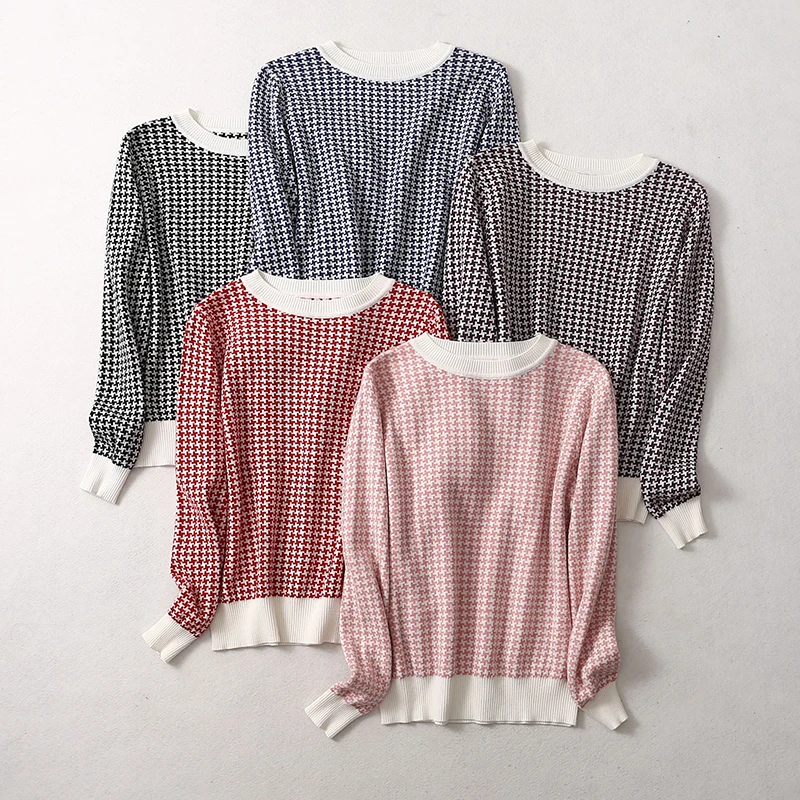 Women 63.9% Silk 10.2% Cashmere Houndstooth O Neck everyday Long Sleeve Pullover Sweater Top Shirt  LY029