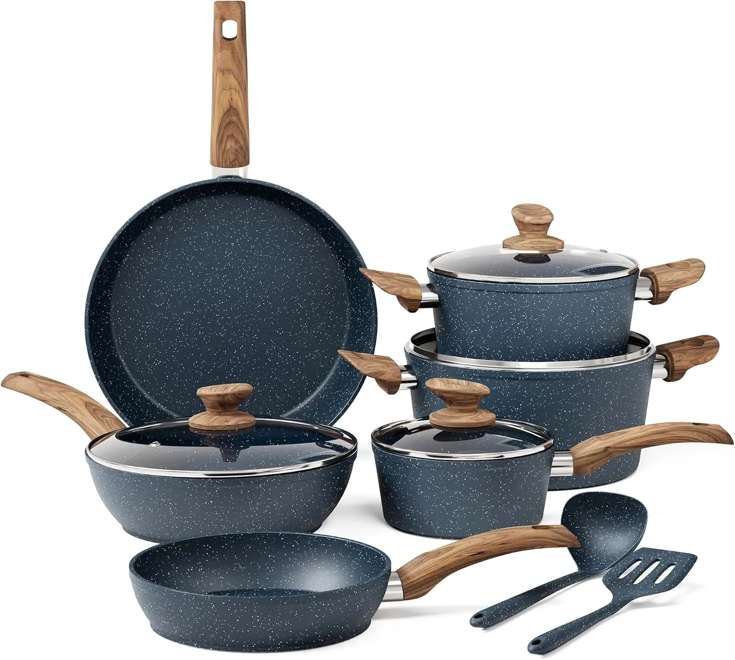 

Pots and Pans Set Non Stick - 12 Piece Induction Kitchen Cookware Sets,Blue Granite Nonstick Cooking Pans Set 22 x 13 x 9 inches