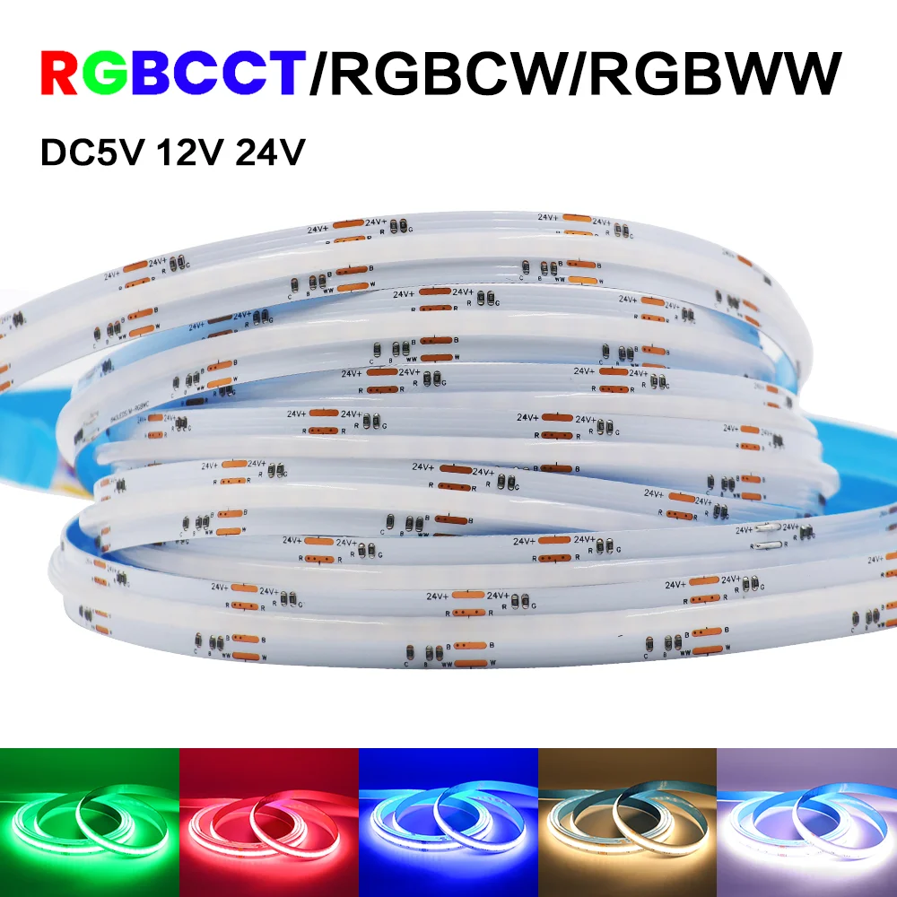 

5V 12V 24V COB LED Strip RGB RGBW RGBWW RGBCCT Flexible Ribbon Led Tape 840 784 576LEDs/M High Bright FOB LED Lights for Room