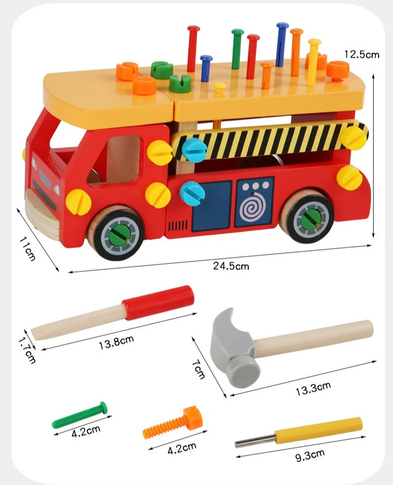 Houten montagemoer voor kinderen Vrachtwagen Schroef Schroef Nageloefening Baby's fijne beweging Demontage en monteren Brandweerwagenspeelgoed