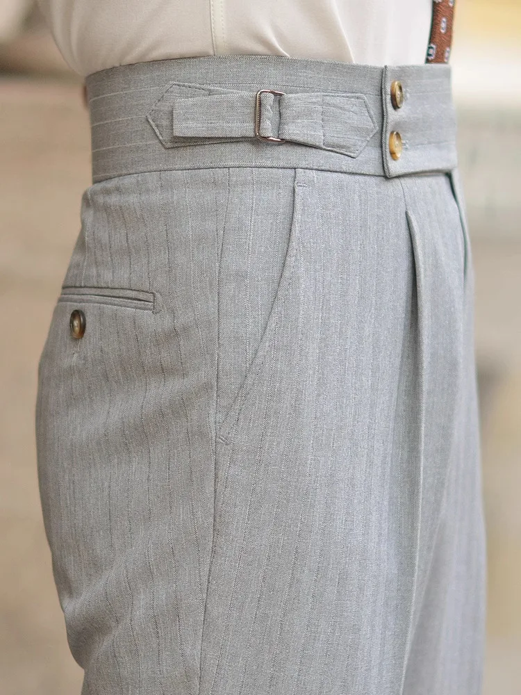 Celana Panjang Pinggang Tinggi Pria Klasik Celana Lurus Sabuk Berlipat Kasual Musim Semi Musim Gugur Celana Panjang Slim Fit Warna Solid Antik Pria