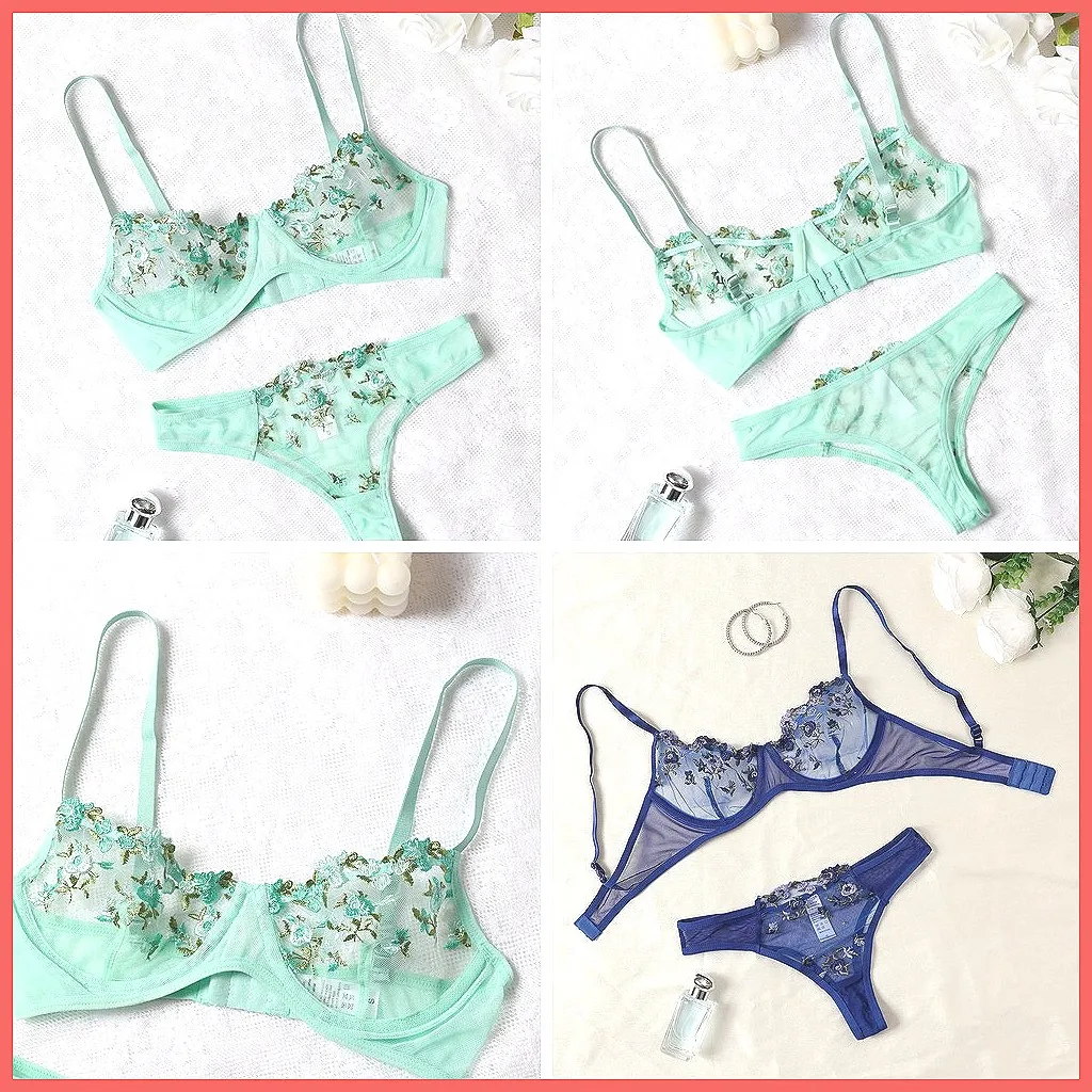 

Sexy Floral Embroidery Lingerie Set, 2-Piece Green Underwear for Women