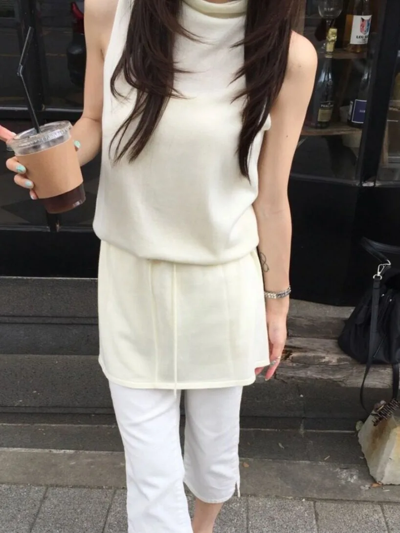 Summer Elegant Waist-Cinching Sleeveless Short Dress Drawstring Casual Fashion Women's Regular Fit Polyester Fiber Dress