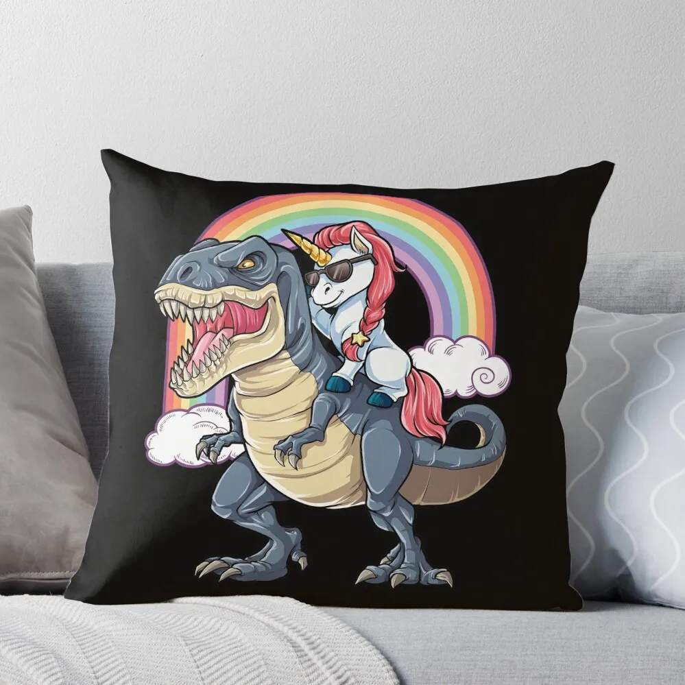 

Unicorn Riding Dinosaur T Shirt T-Rex Funny Unicorns Party Rainbow Squad Gifts for Kids Boys Girls Throw Pillow