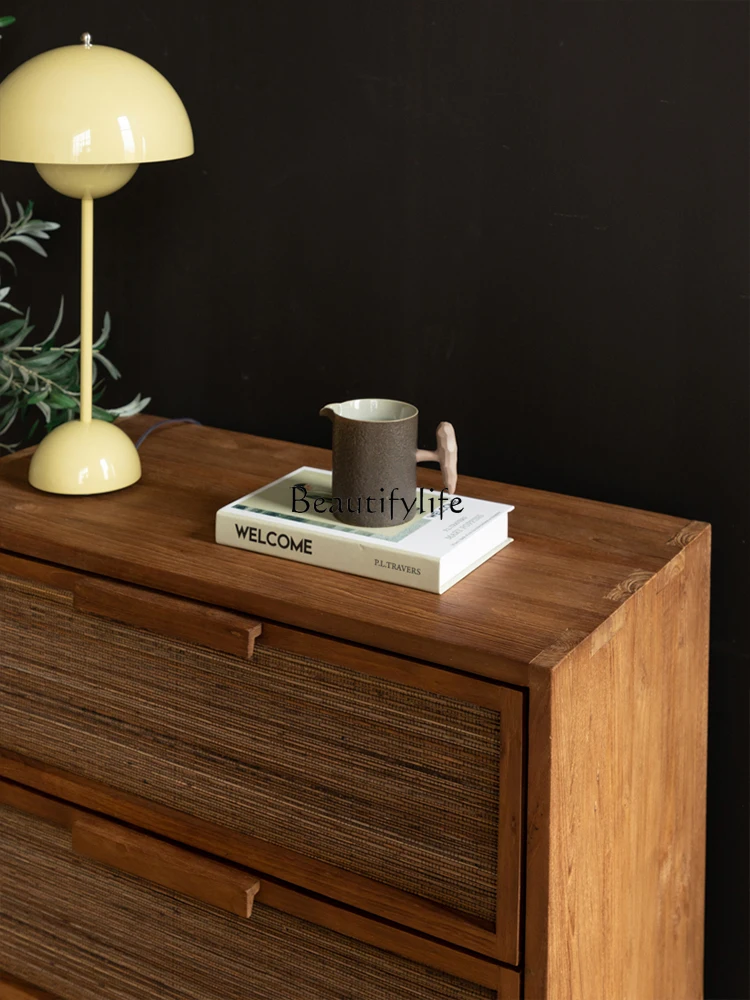 Imported Old Teak Palm Leaf Hand-Woven Three Commode Living Room Storage against the Wall