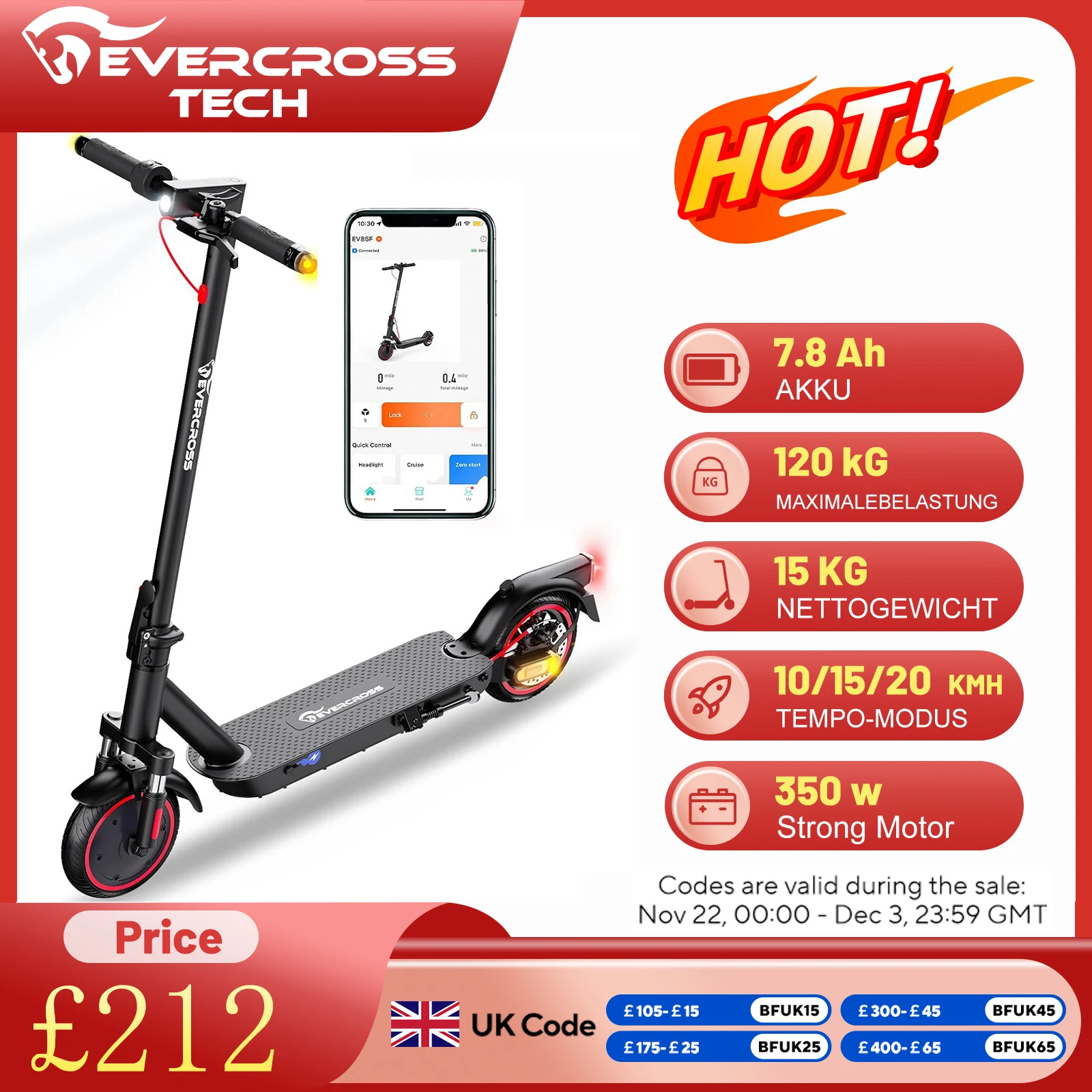 EVERCROSS TECH EV85F Electric Scooter for Adults, 8.5'' Foldable Electric Scooter - App, 350W Motor, 7.8AH Battery, 15KG Weight