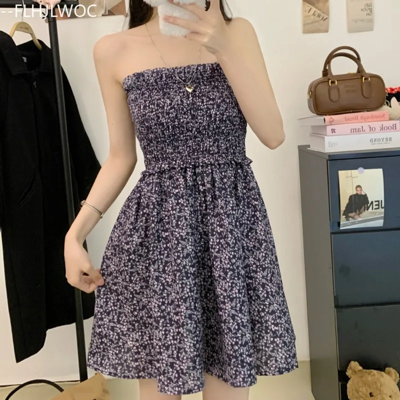 Two way to wear Dresses Cute Lolita Style Girls Summer Date Holiday Beach Flower Floral Print Retro Strapless Mini Dress