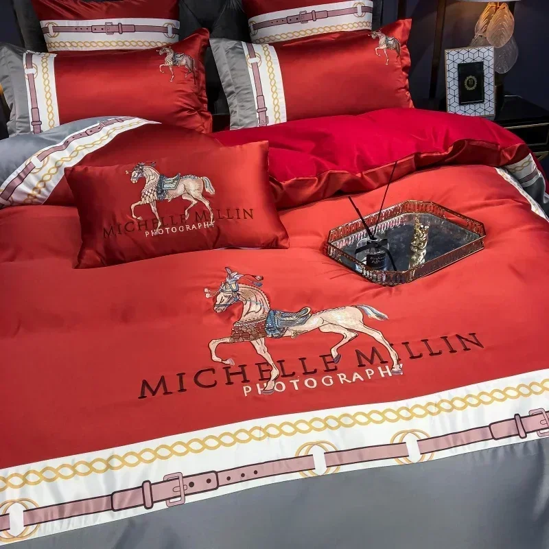 Luxury Europe Palace Bedding Set Breathable Satin Cotton Horse Embroidery Double Duvet Cover Bed Linen Pillowcases Home Textile