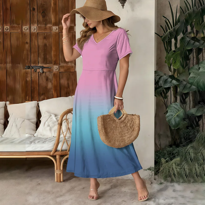 Hoge taille gradiënt zomer dames maxi-jurk V-hals korte mouw vakantie strandjurk dames business casual kleur jurk zomer
