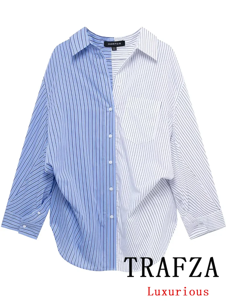 

TRAFZA Women's Casual Chic Striped Patchwork Blouse Long Sleeve Single Breasted Loose Fit Fashion Spring Summer Shirt 2025