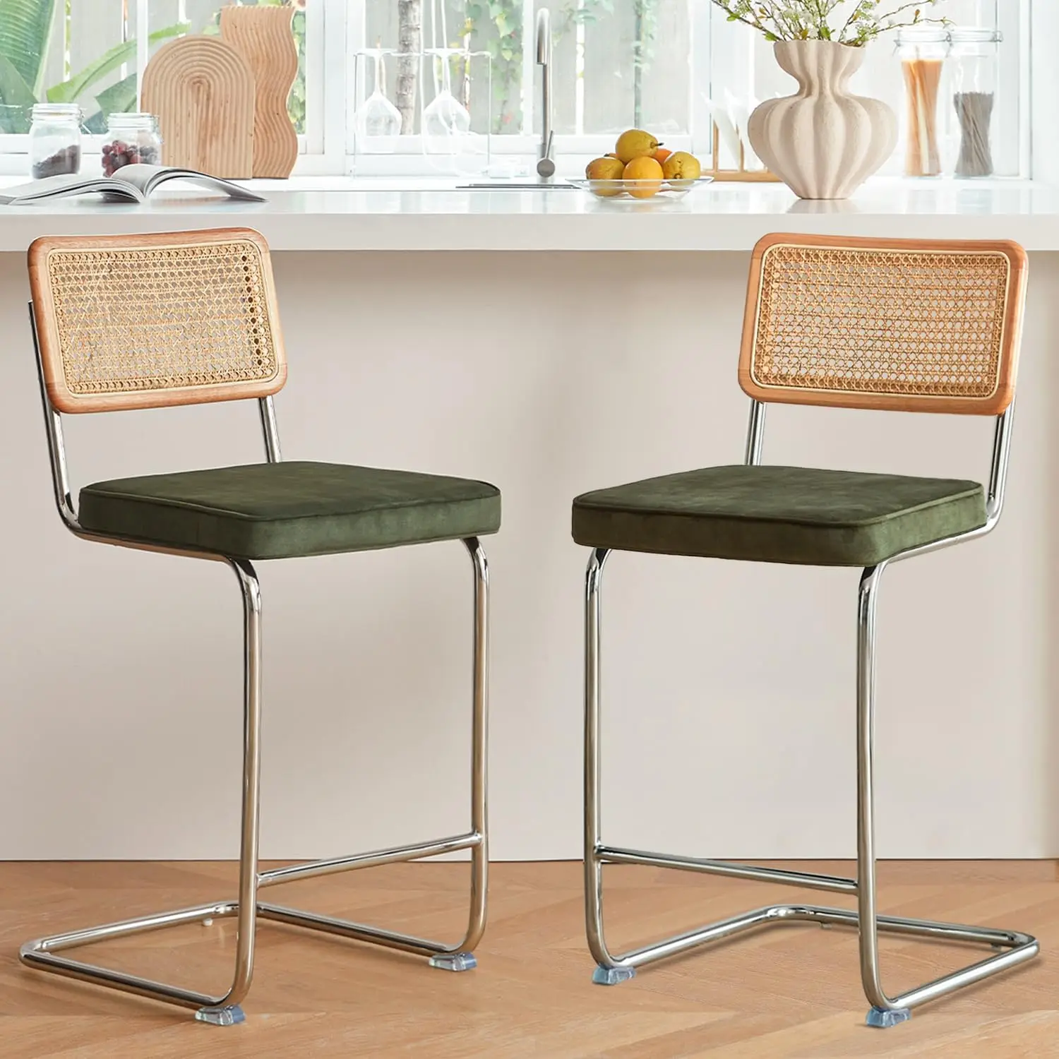 Rattan Bar Stools Set of 2, 24' Counter Height, Green Upholstery, Chrome Legs, Boho Modern Kitchen Stools