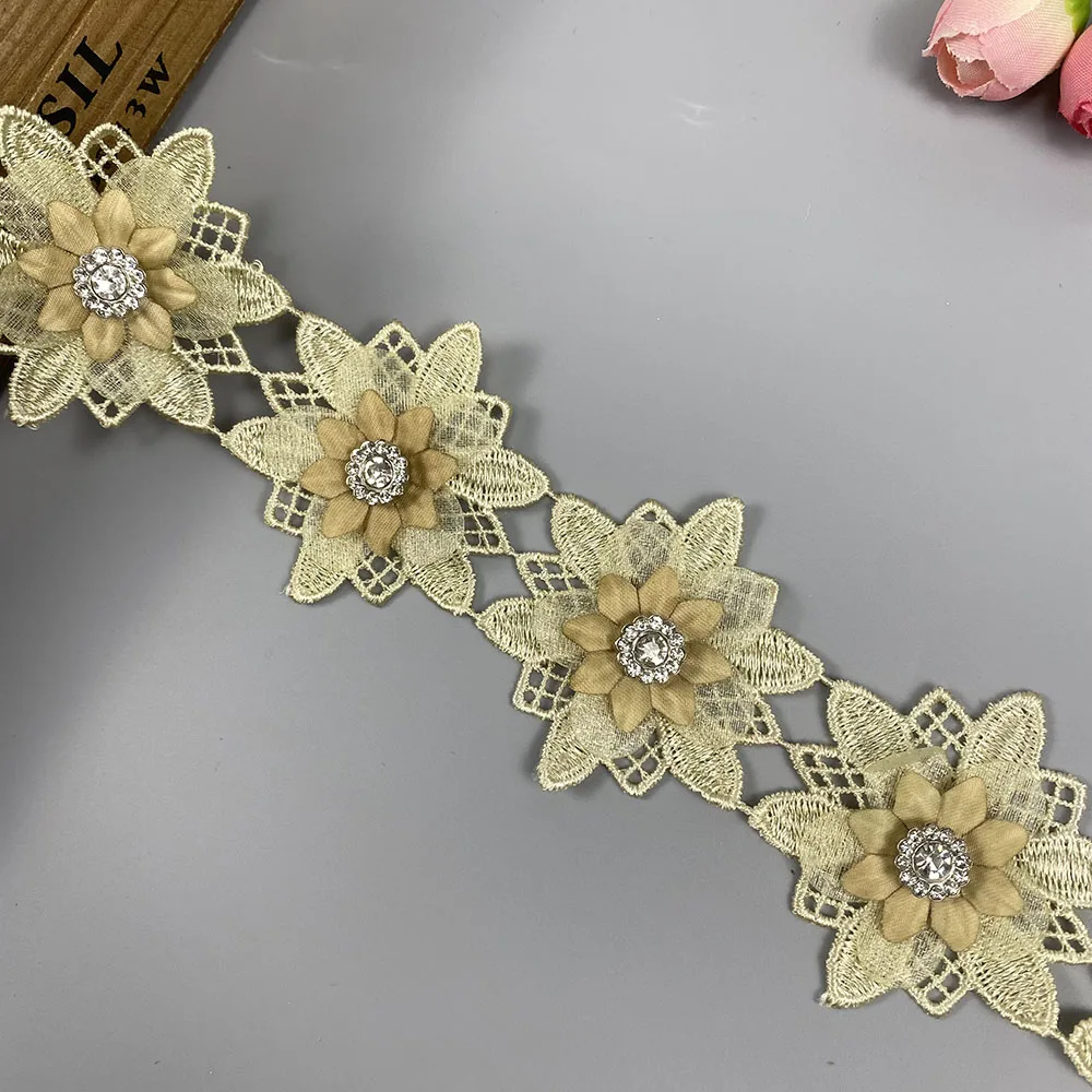 10Pcs Gold Flowers Lace Trim Embroidered Lace Fabric Diamond Sewing Supplies Craft For Costume Clothes Hat Wedding Dress Decor