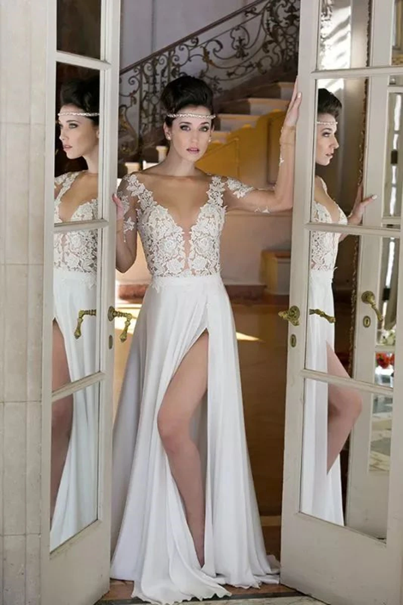 

Bohemian Chiffon Beach Wedding Dress Side Thigh-Slit Illusion Full Sleeves V-Neck Long White Bridal Gown 2024 Summer