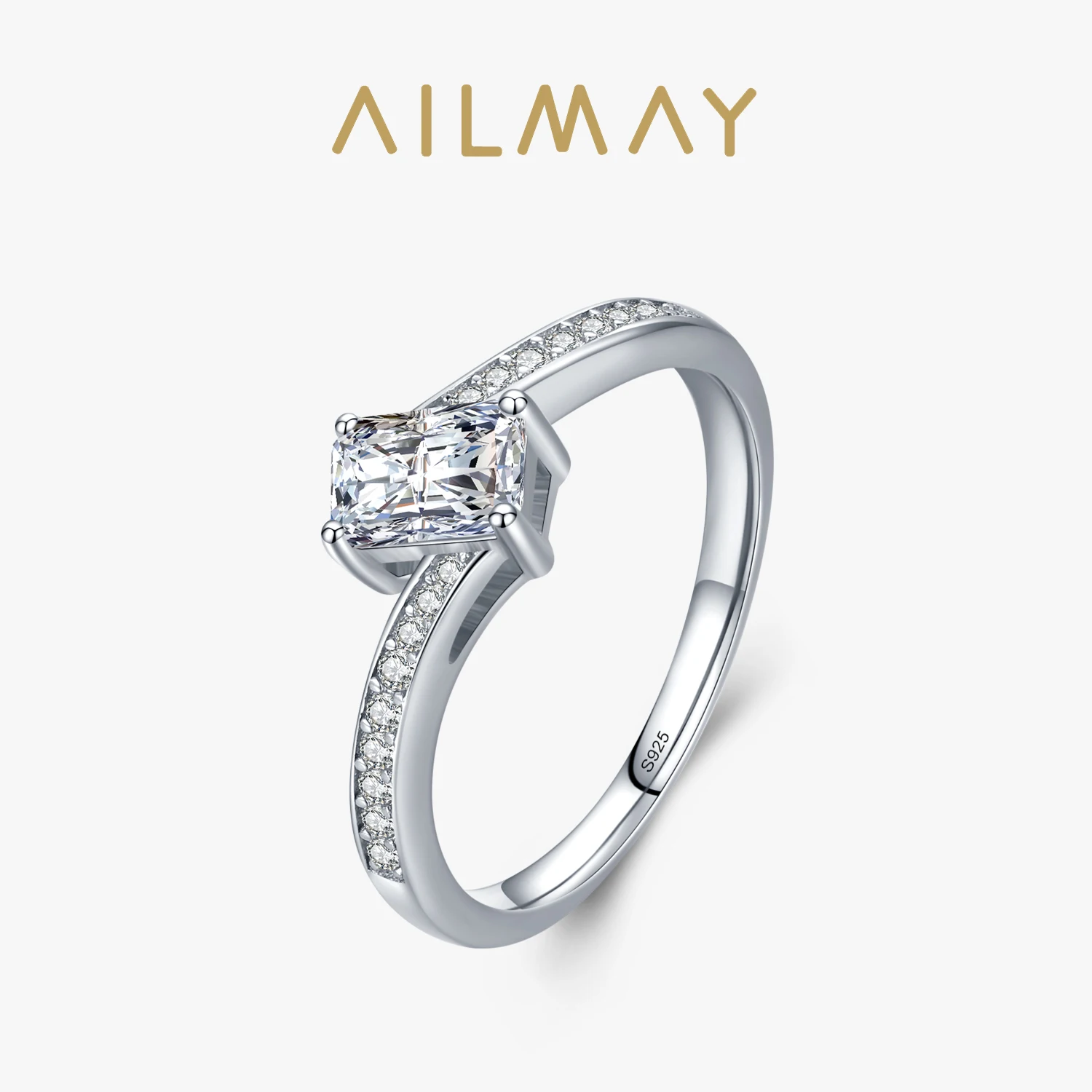 Ailmay Real 925 Sterling Silver Sparkling Rectangle Cubic Zirconia Asymmetry Rings For Women Classic Wedding Statement Jewelry