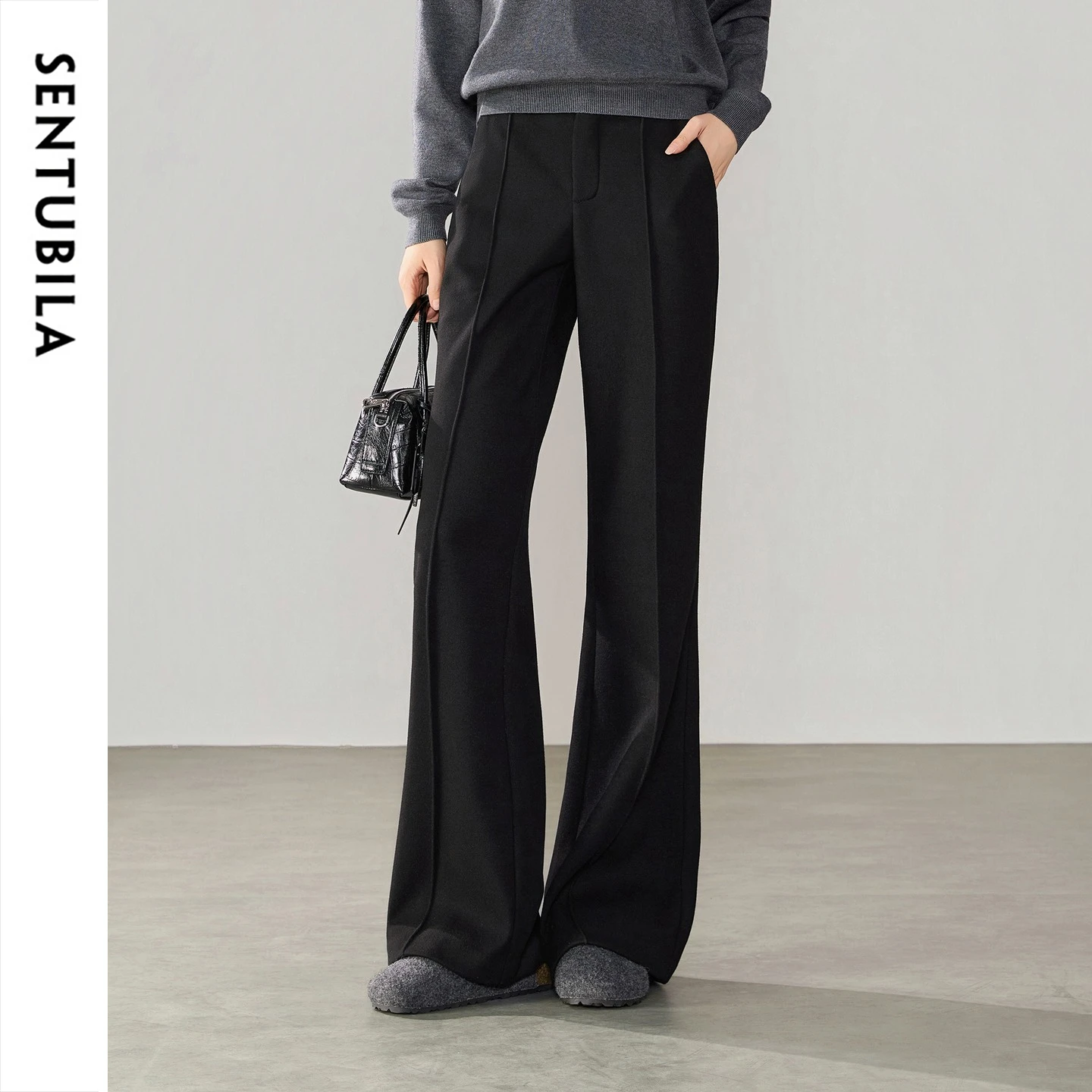 SENTUBILA Women's Flared Pants 2026 Knitted Fleece Lined Warm Trousers Autumn Winter Elastic Back Waist Commute Pants 164KE8808