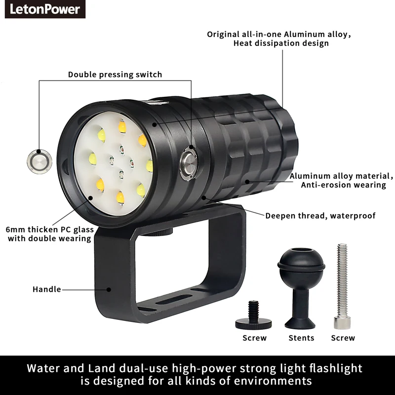 Imagem -03 - Letonpower Mergulho Lanterna 25000lumens Underwater Lanterna 100m Luz de Vídeo Subaquática à Prova Impermeável Água Tocha