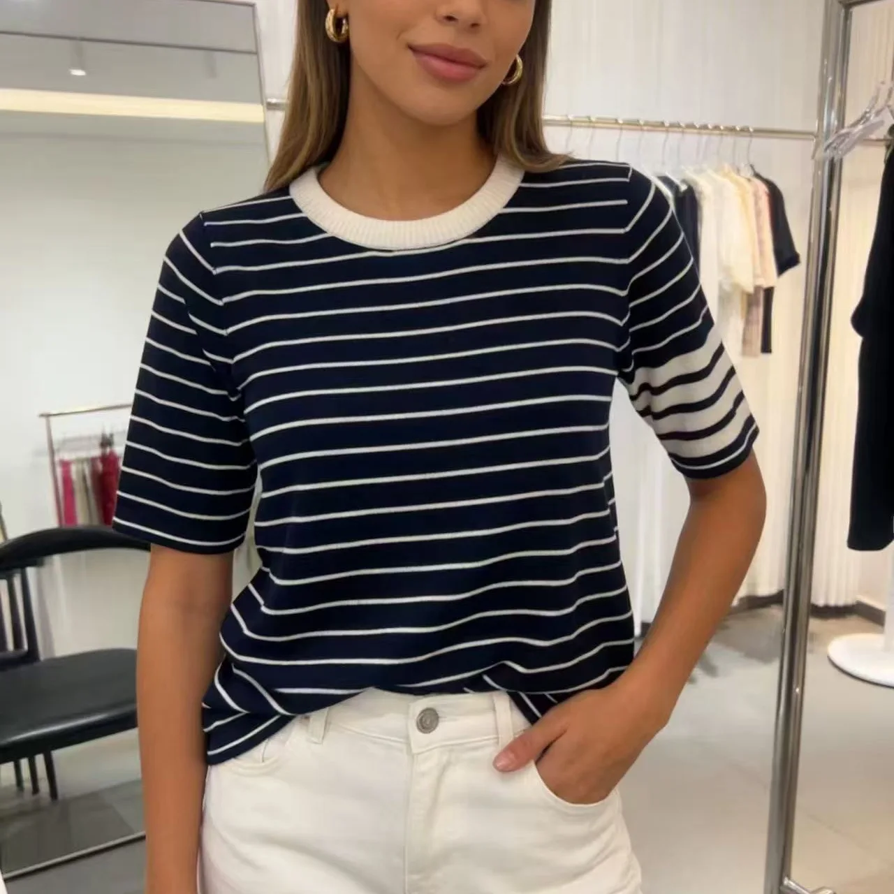 

Classic Basic Wool Soft Comfortable Women's T-shirt Knitted Short Sleeve round Neck Stripe Design Breathable Summer Top